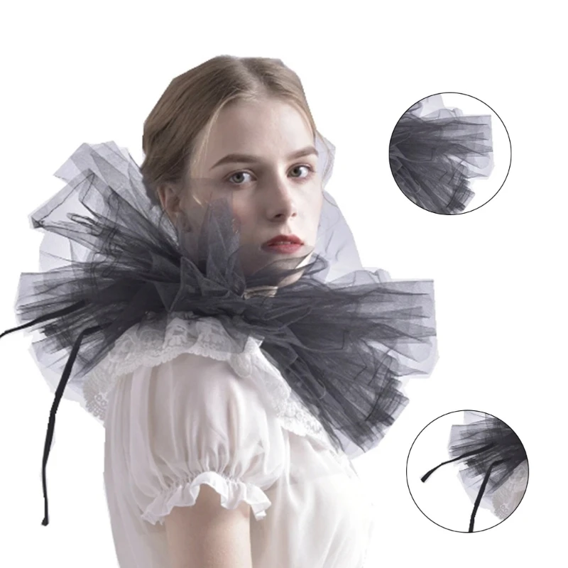 S1Y1 Women Vintage Mesh Neck Ruff Detachable Tulle Ruffle Collar for Renaissance Victorian Halloween Cosplay Costume Collar