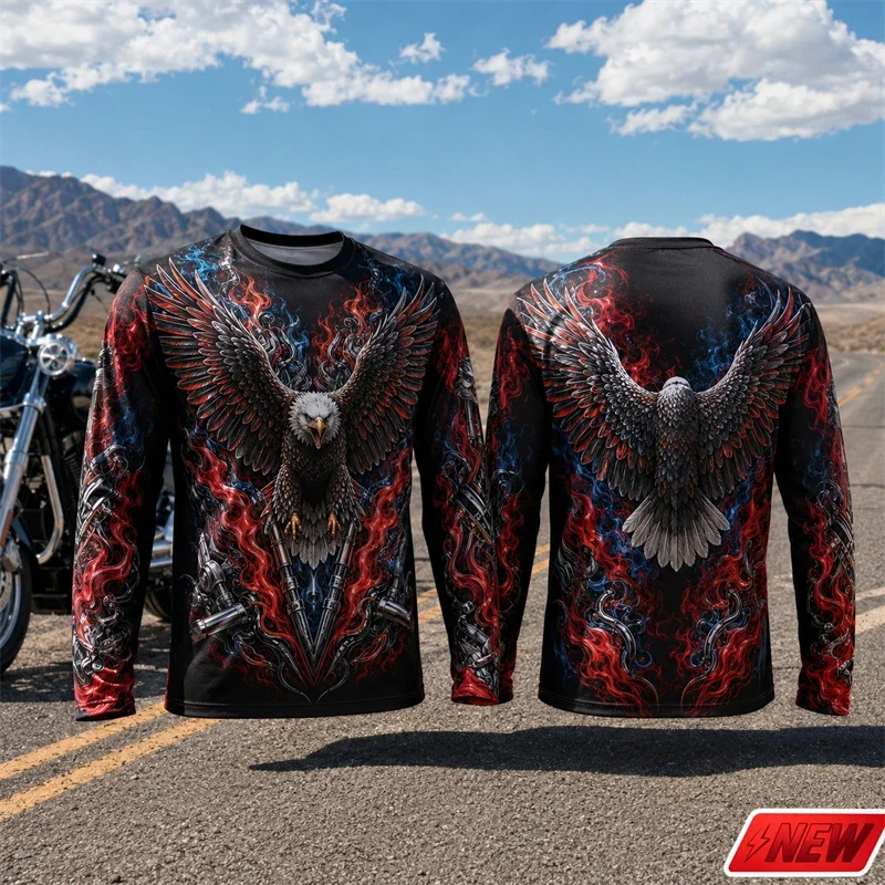 Men Polyester Long Sleeve T-shirt 3D Print Flame Mechanical Bald Eagle Front Back All Over Print Crew Neck Casual Graphic Tops