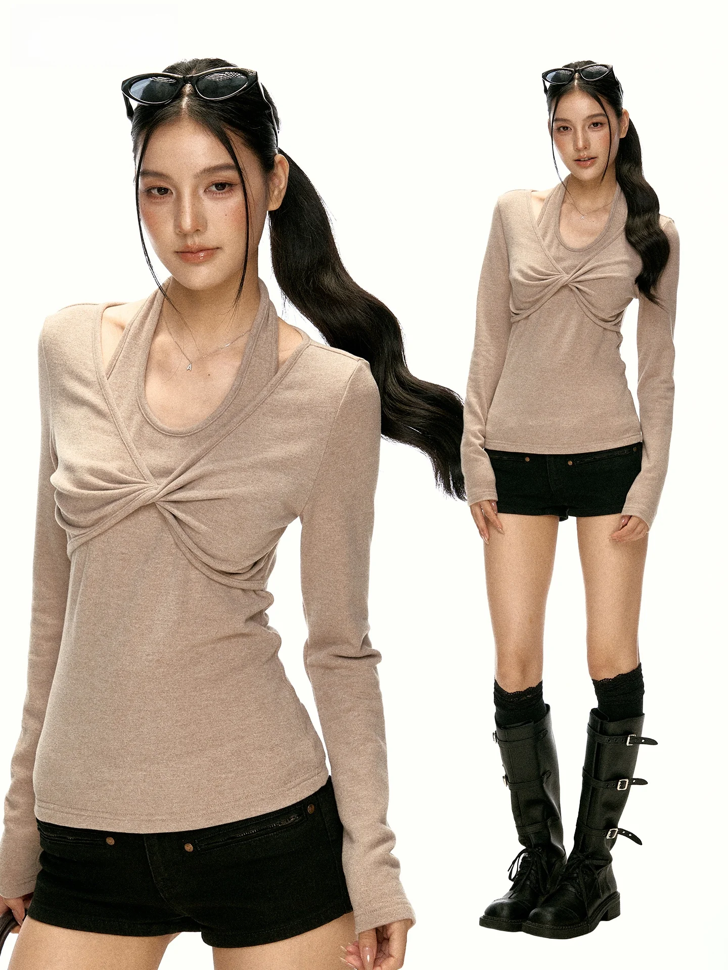 Aaisup Korean Style Long Sleeve Neck Hanging Slim Fit Women's T-shirt Early Autumn Design Sexy Base Layer Shirt