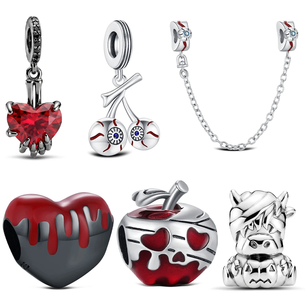 925 Sterling Silver Dark Gothic Blood Halloween Charm Skeleton Hand Red Heart Apple Beads Fit Original Snake Bracelet