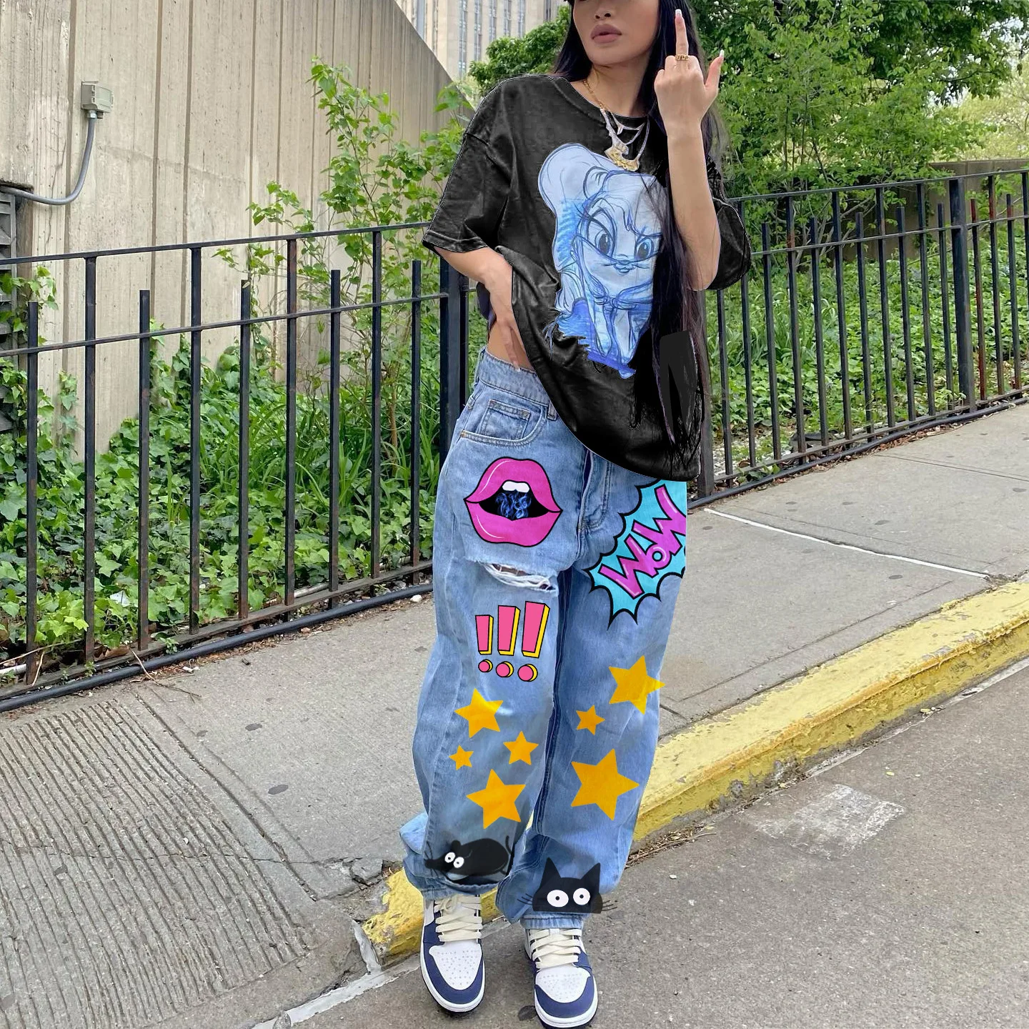 Women Baddie Clothes Streetwear Fashion Print Denim Cut Out Distressed Jeans High Waist Baggy Pants Blue Y2K Harajuku Trousers