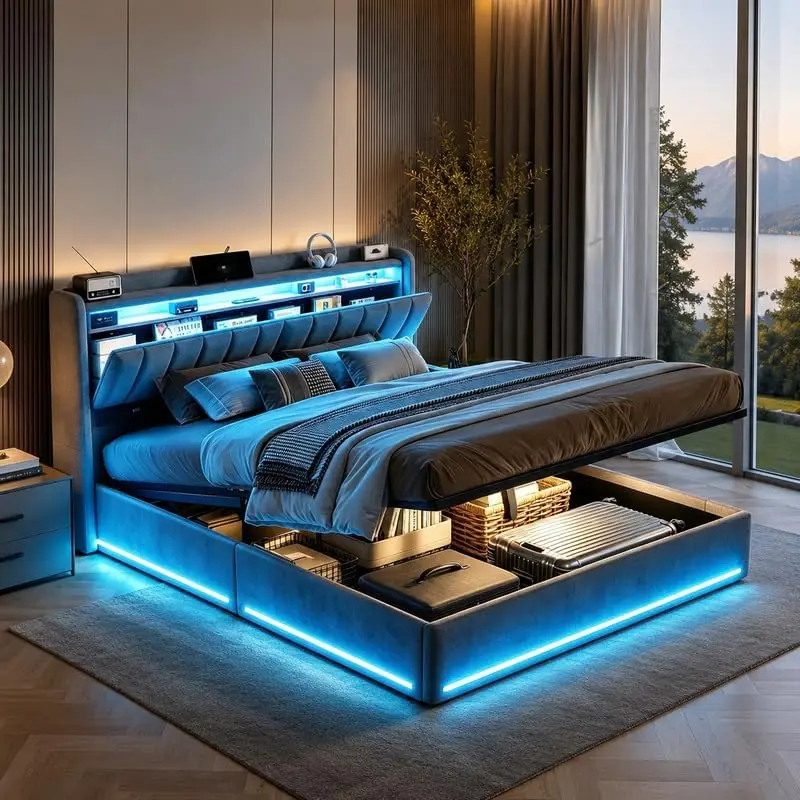 Gestoffeerd bed 140 x 200 cm met LED en USB-oplaadstation, opbergbed 140 x 200 cm met bedbodem en lattenbodem, tweepersoonsbed met opbergvak hoofdbord en hydraulische opbergruimte, jeugdbedframe,