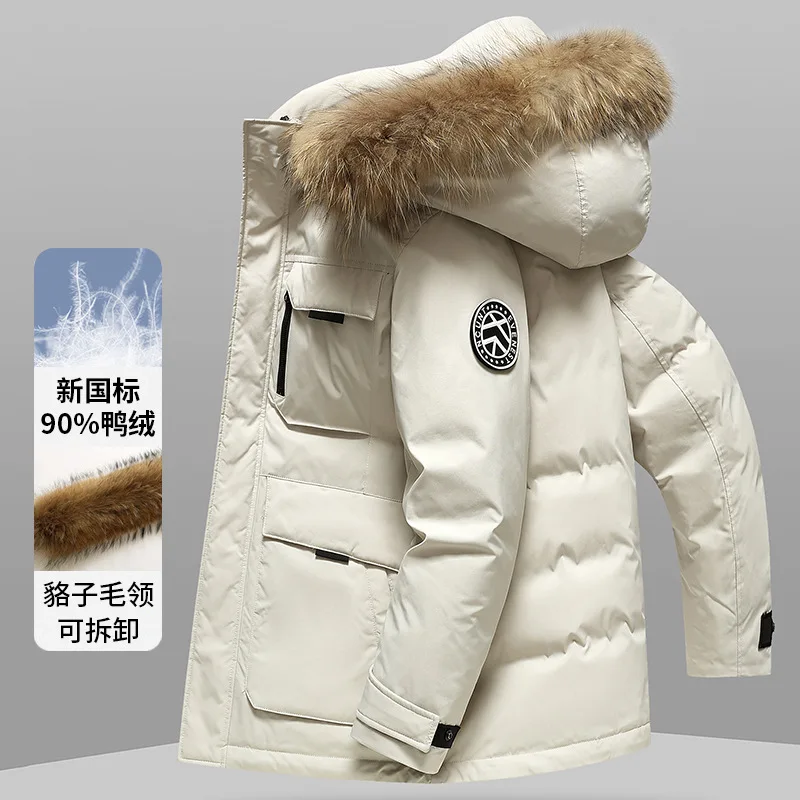 

Men's down jacket winter new casual warm outdoor tooling thickened down jacket raccoon hair hooded