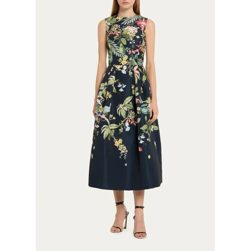 

New Black Floral Leaf Print Sleeveless Waist Positioning and Pleating Technology O-neck Tank Midi Dress for Women