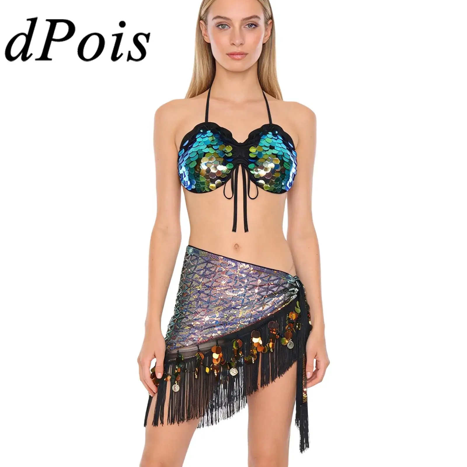 

Женский костюм для танца живота, танго, латинская танцевальная одежда, блестящие наряды с пайетками, укороченный топ на шнуровке с лямкой на шее + шарф с кисточками и блестками, набедренная повязка