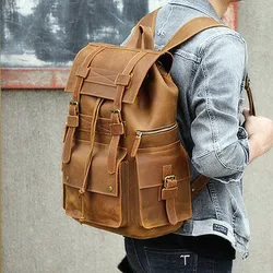 Crazy horse leather Backpack Men's retro first layer cowhide large capacity travel backpack leather Laptop Bag leisure trend