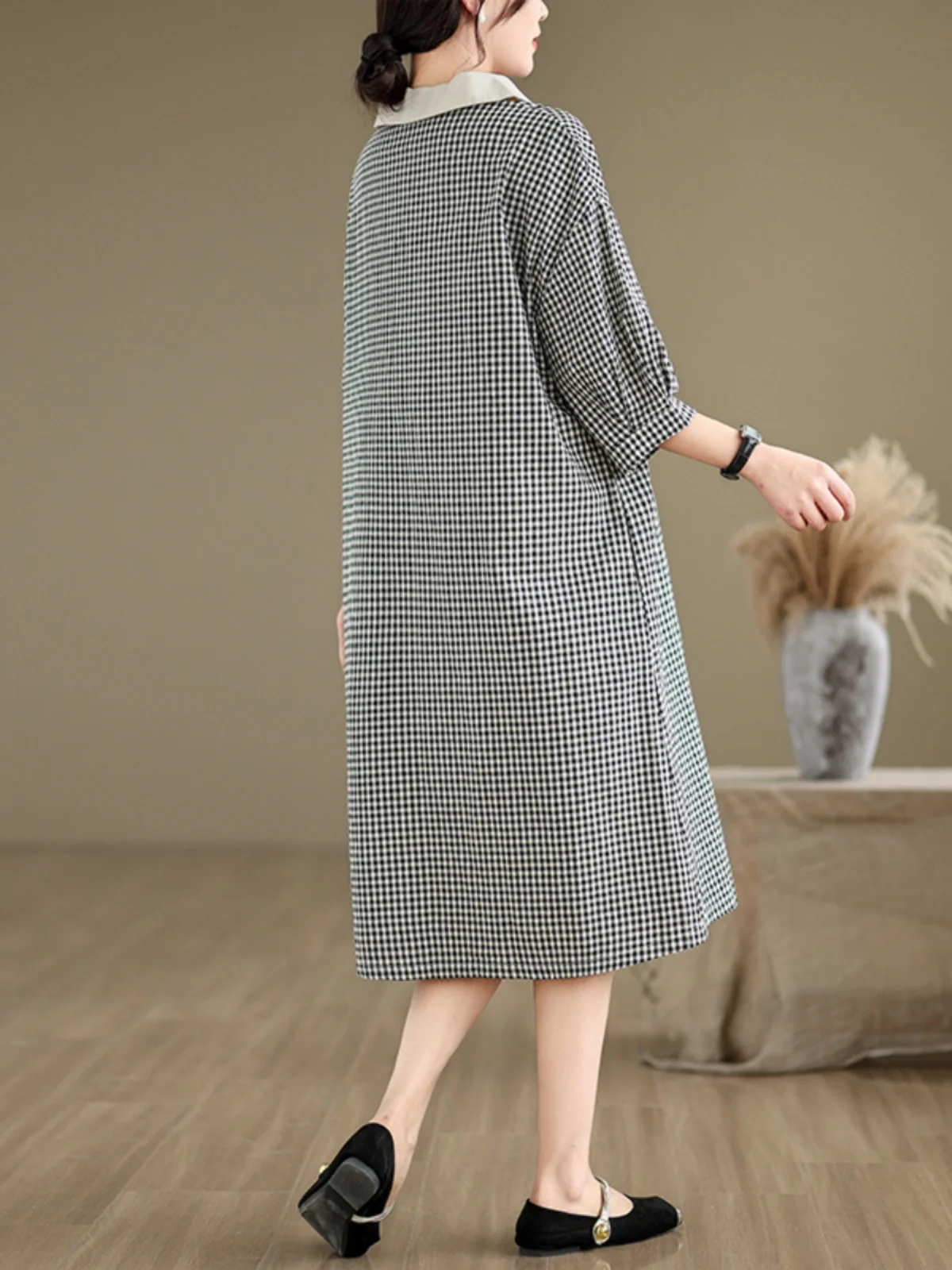 Verão casual xadrez algodão lin dr gola do bebê solto midi saia de emagrecimento cintura alta oulder casual irt sle saia linha a