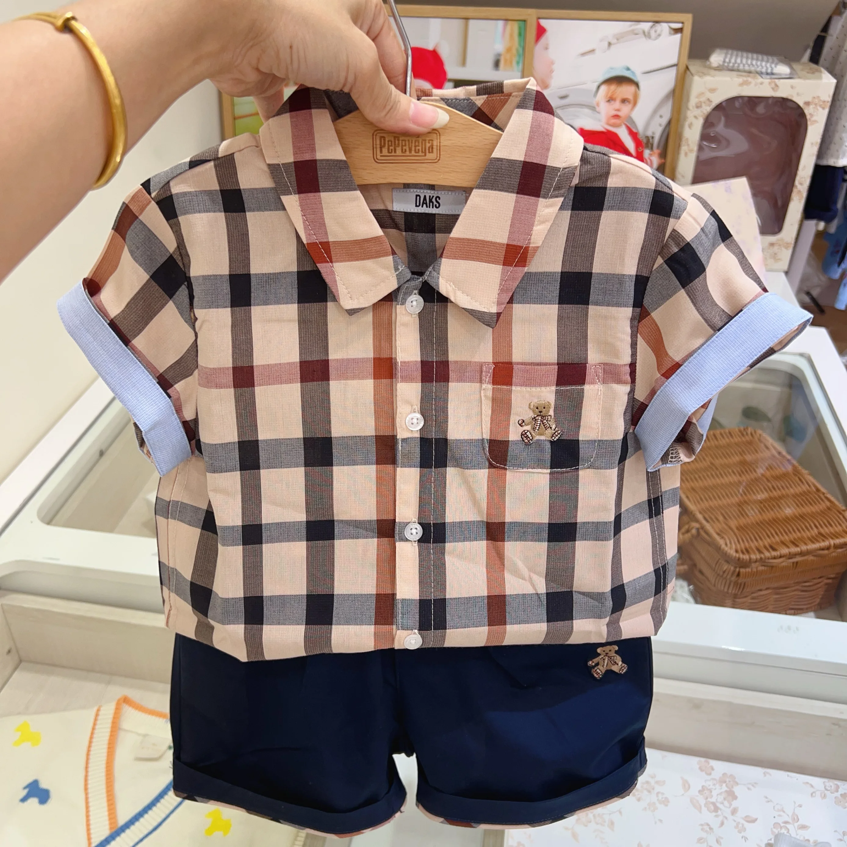 

Stylish Short Sleeve Shirt Collared Plaid Boys Clothing Set Summer New Arrival Korean Style Cotton Blend Thin Material B Clas...