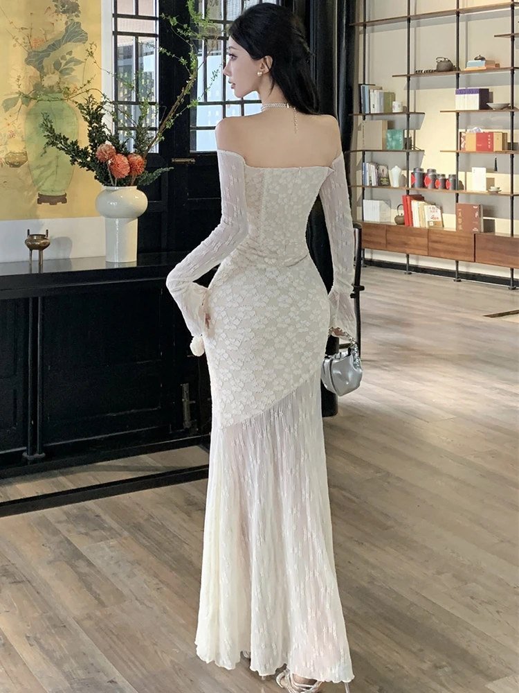 نساء أزياء من الدانتل الجاكار المرقعة تكدرت فستان حورية البحر المرأة شيك مائل الرقبة فستان مثير 2025 فساتين المهرجان الكورية الفاخرة