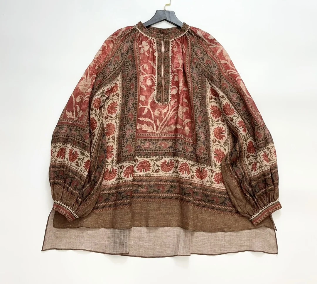 

Women Long Sleeve Ethnic Style Printed Loose Ramie Blouse