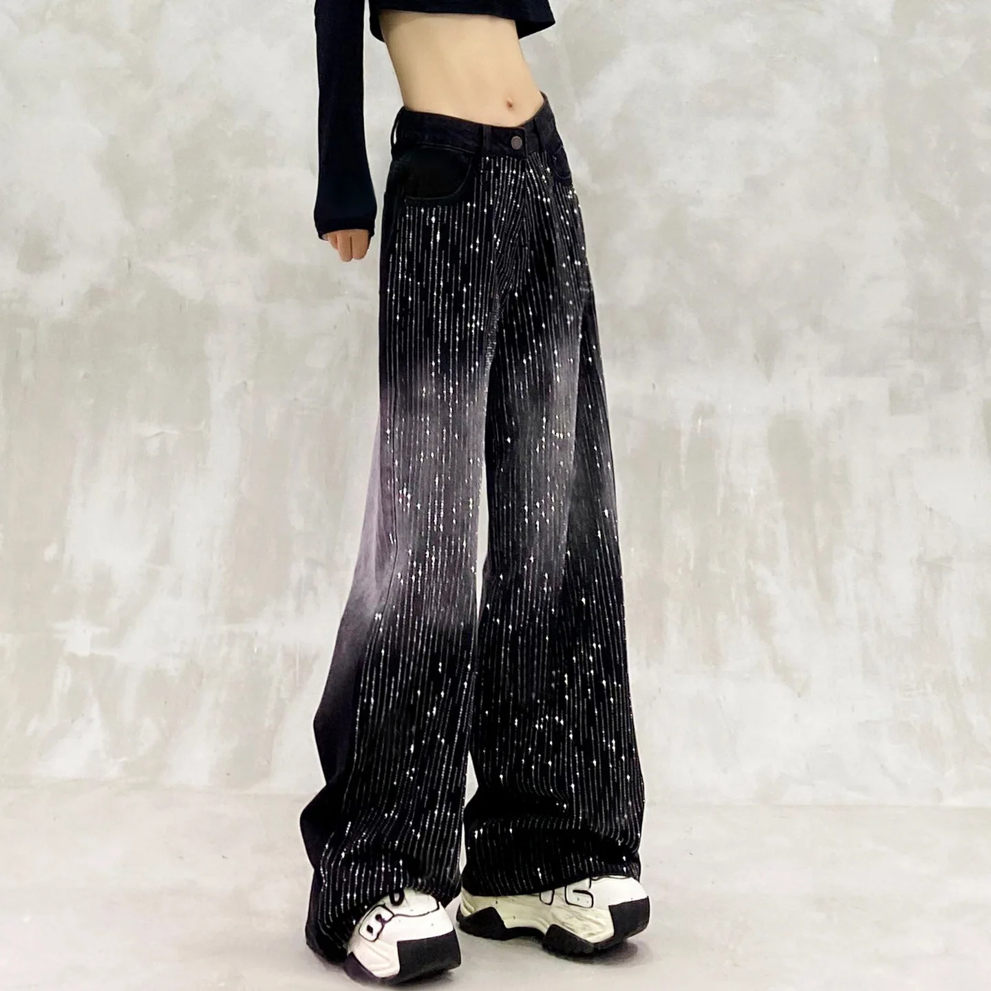 جينز أنيق بحجر الراين للنساء سروال Y2k فضفاض عالي الخصر مستقيم سروال أمريكا موضة النساء Y2k ملابس جينز دينم #3