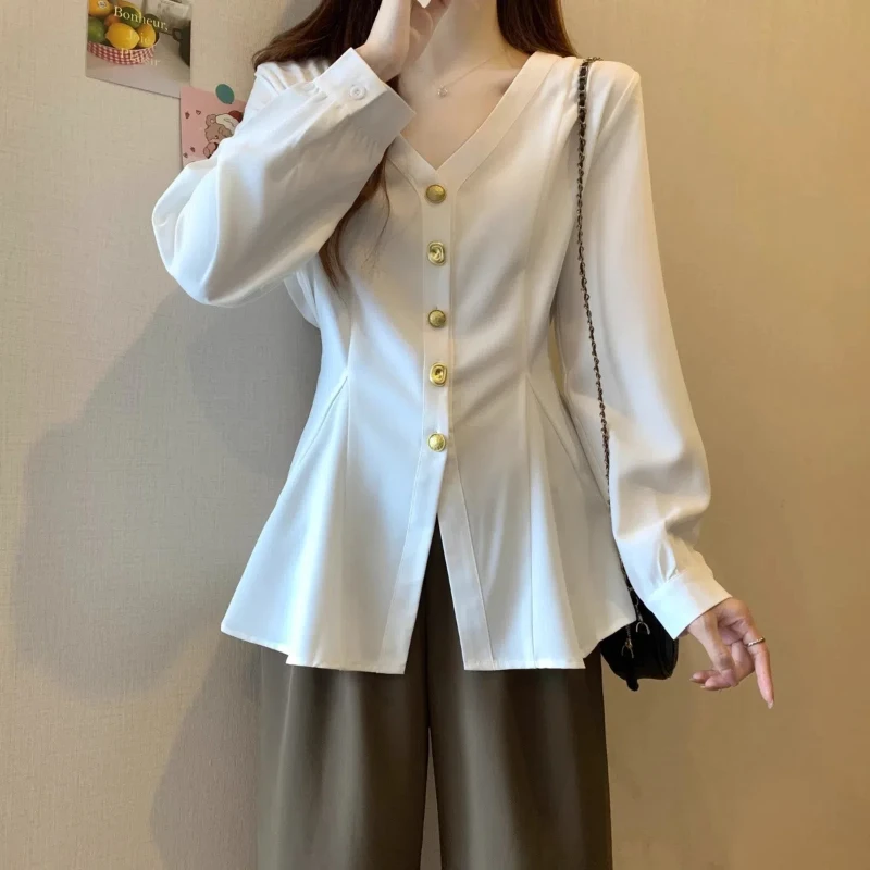 Spring Autumn New Elegant Fashion Solid Blouses Women's Clothing Casual Loose V Neck Cardigan Korean Style Long Sleeve Shirts