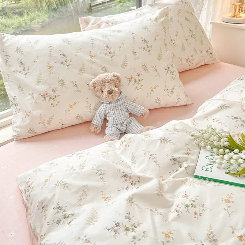 Imagem -03 - Conjunto de Cama de Flores Rosa para Meninos e Meninas Folha Plana Capa de Edredão sem Enchimento Fronha Gêmeo Completo Rainha Nórdico Linho Ins