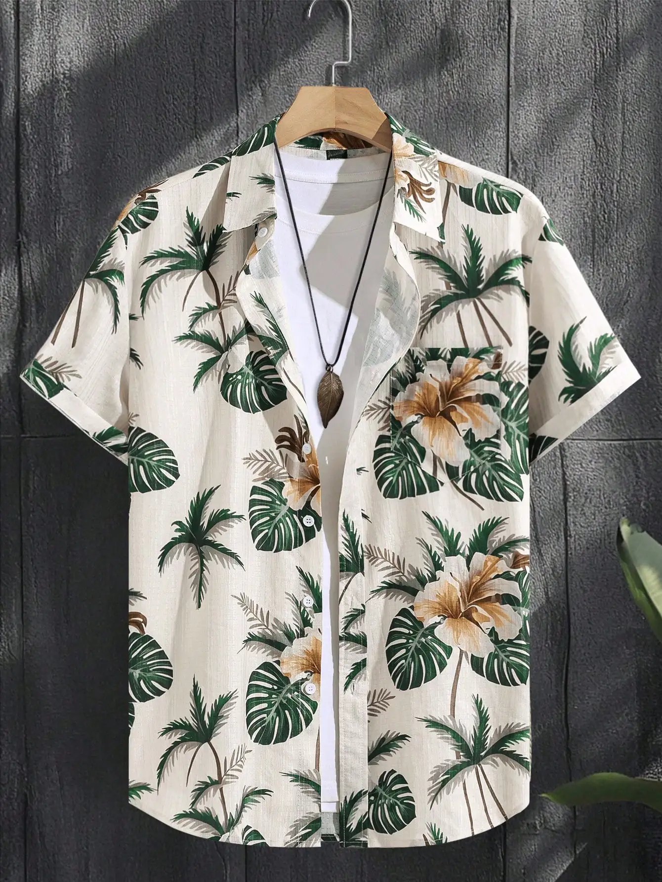 

Men's Short Sleeve Button-Up Shirt with Tropical Palm & Hibiscus Print