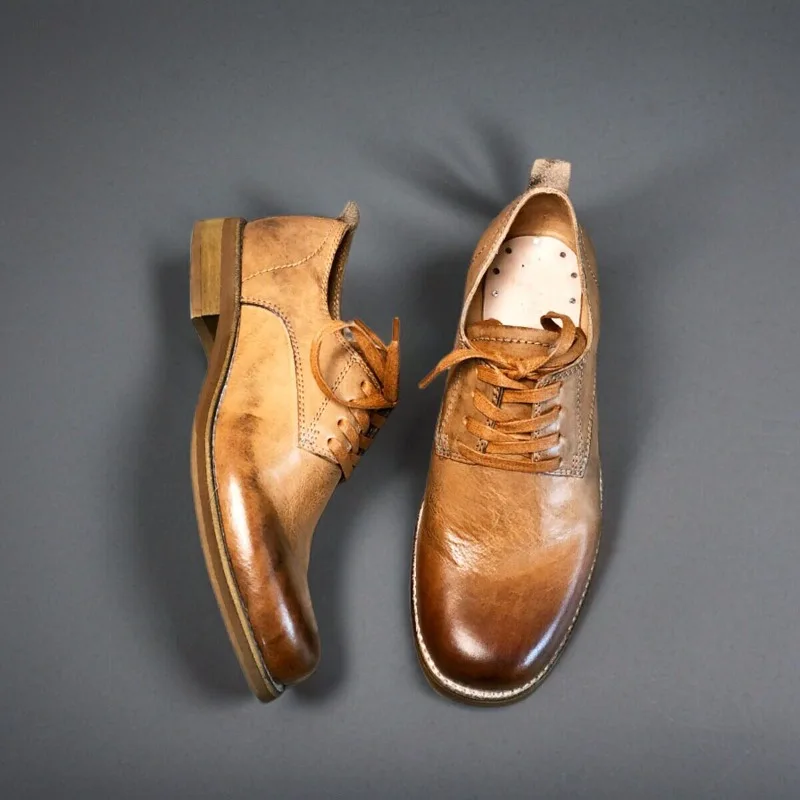 Handcrafted Men Business Dress Shoes American Style Vintage Gentleman Square-Toe Genuine Leather Casual Derby Shoes