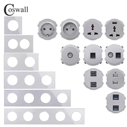 COSWALL R11 Grey Glass Panel Wall Switch EU French Socket USB Charger Female TV RJ45 CAT6  Modules DIY Free Combination