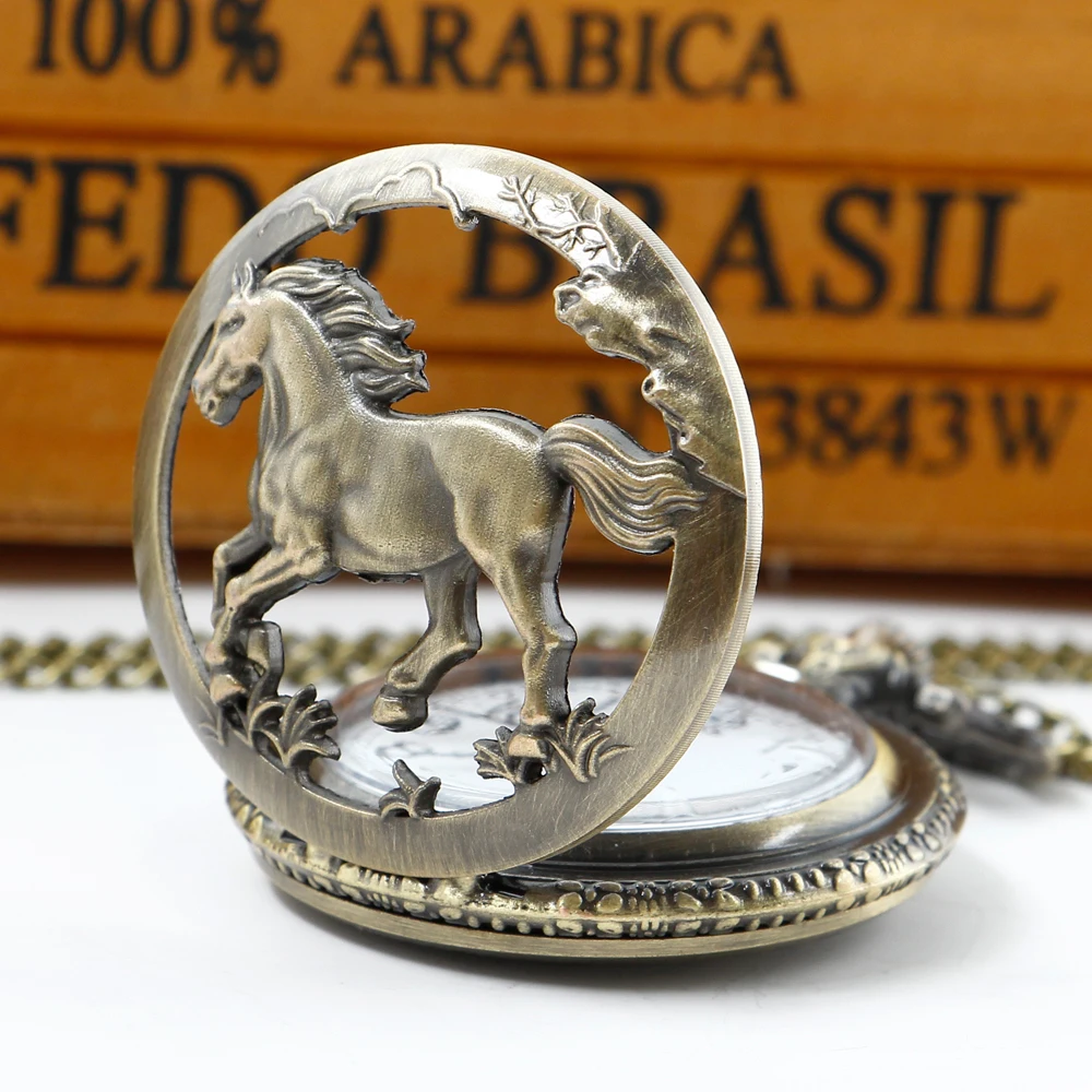 Retro Bronze Horse Carve Hollow Quartz Pocket Watch Necklace With Chain Pendant Steampunk Clock Gifts for Women Men