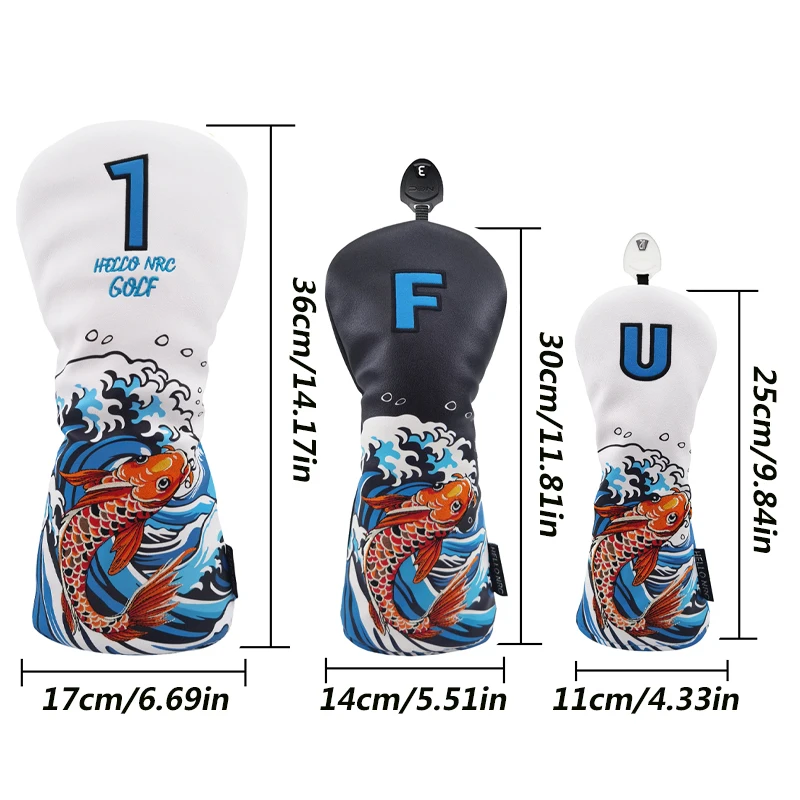 Golf Wood Cover Koi Pattern For Driver Fairway Hybrid Waterproof Protector Head Cover PU Leather Soft Durable Golf Club Covers