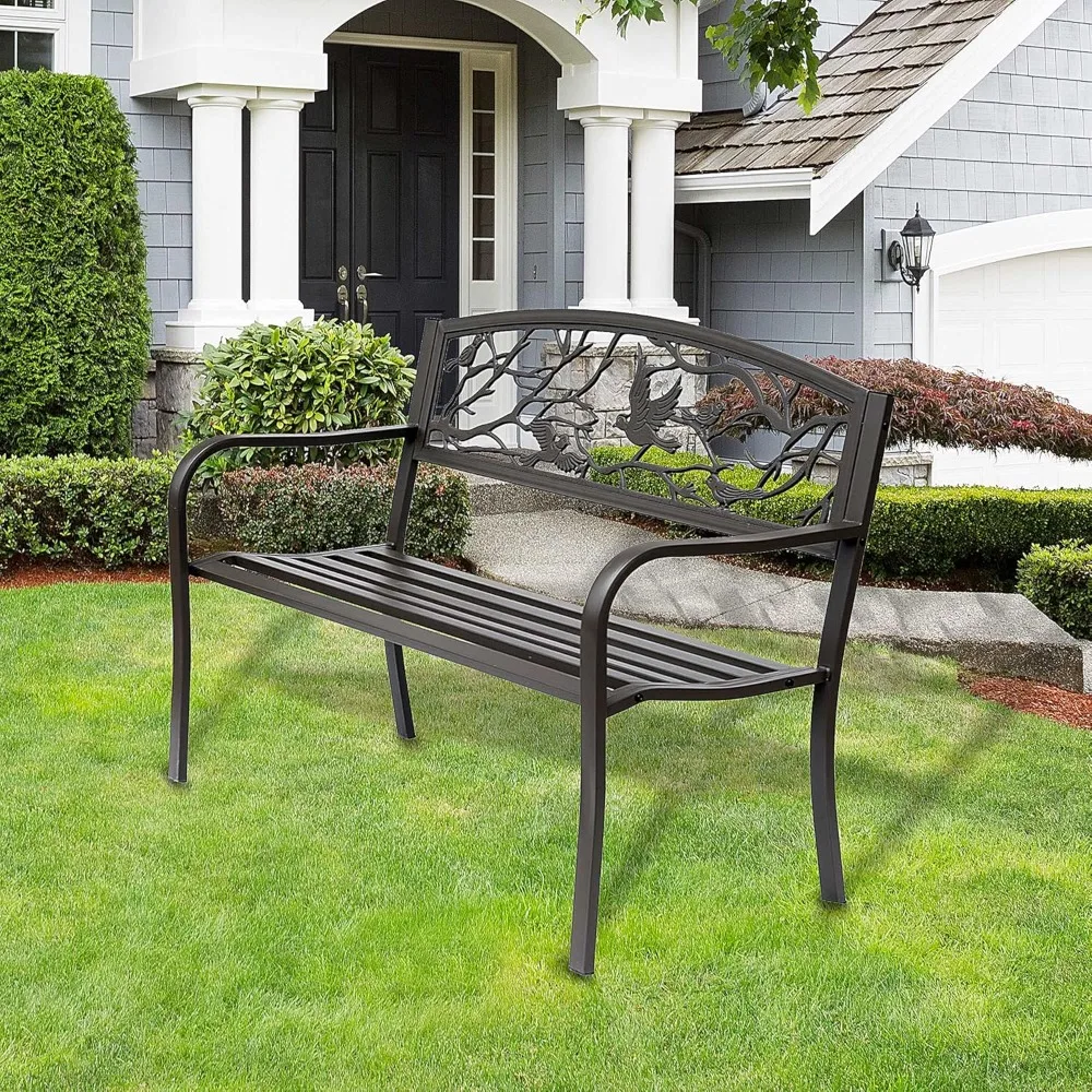 Garden Bench, Outdoor Patio Bench with Animal Pattern, Cast Steel Metal Bench for Yard, Lawn, Porch