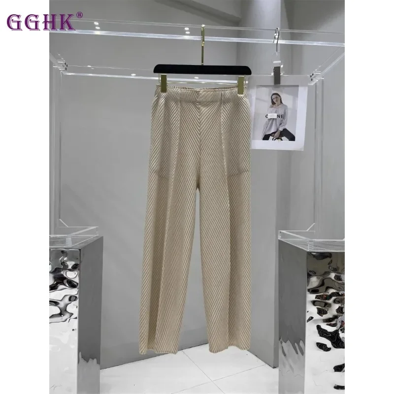 GGHK 2025 Spring Fall New Women Pants Solid Color High-waisted Thin Fish Scale Pleat Design Loose Big Yards Fashion Female Pants