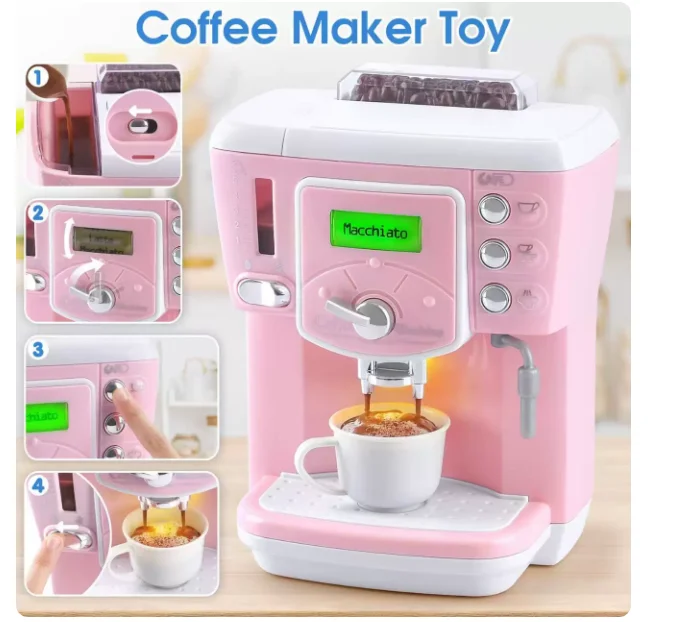 Realistic Electric Coffee Machine Toy Set with Water Tank & Sound, Real Brewing Function for Kids Pretend Play Kitchen