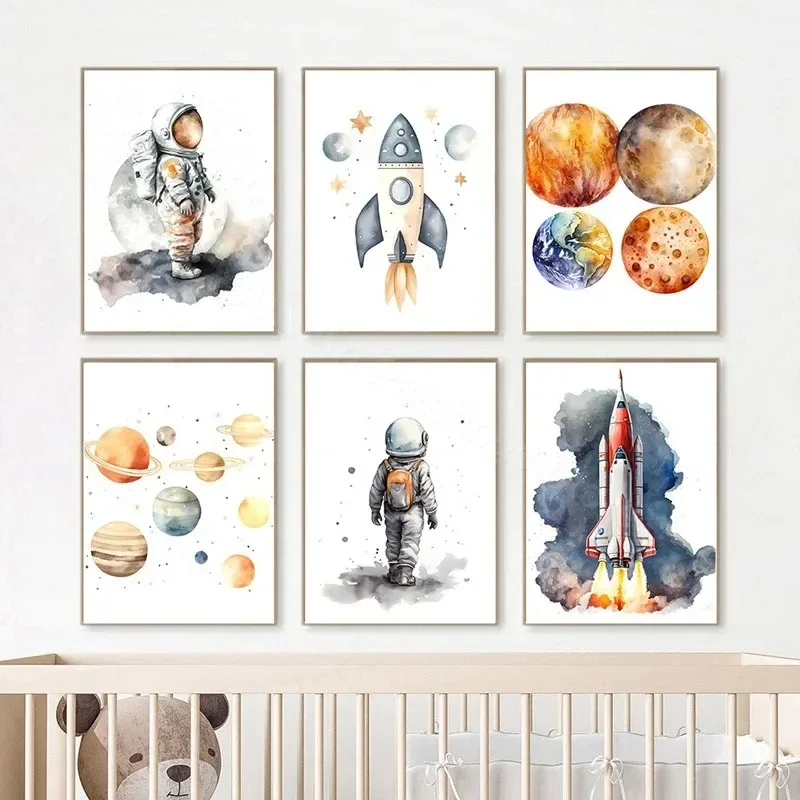 Astronaut Spacecraft Rocket Space Planet Wall Art Canvas Painting Nordic Posters and Pictures for Kids Room Decor