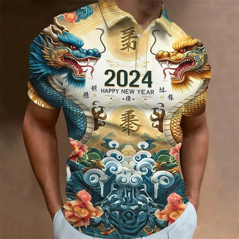 2024 Animal Polo T-Shirts For Men 3d Chinese Loong Printed Men\'s Clothing Oversized Shirts Summer Casual Short Sleeved Tops Tees