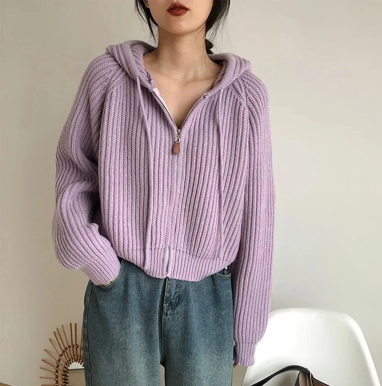 

Осень-зима утолщенный вязаный кардиган на молнии свитер женский свободный крой милый стиль короткое пальто с