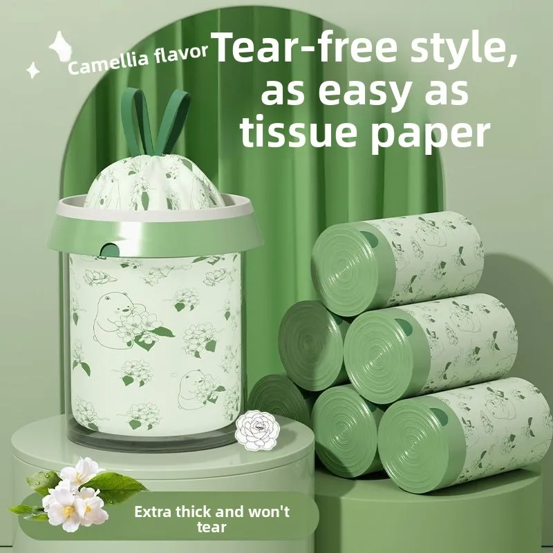 Extra Thick Camellia Print Trash Bags No Tear Drawstring Handles Heavy Duty Garbage Bags for Home Office Kitchen Waste Disposal
