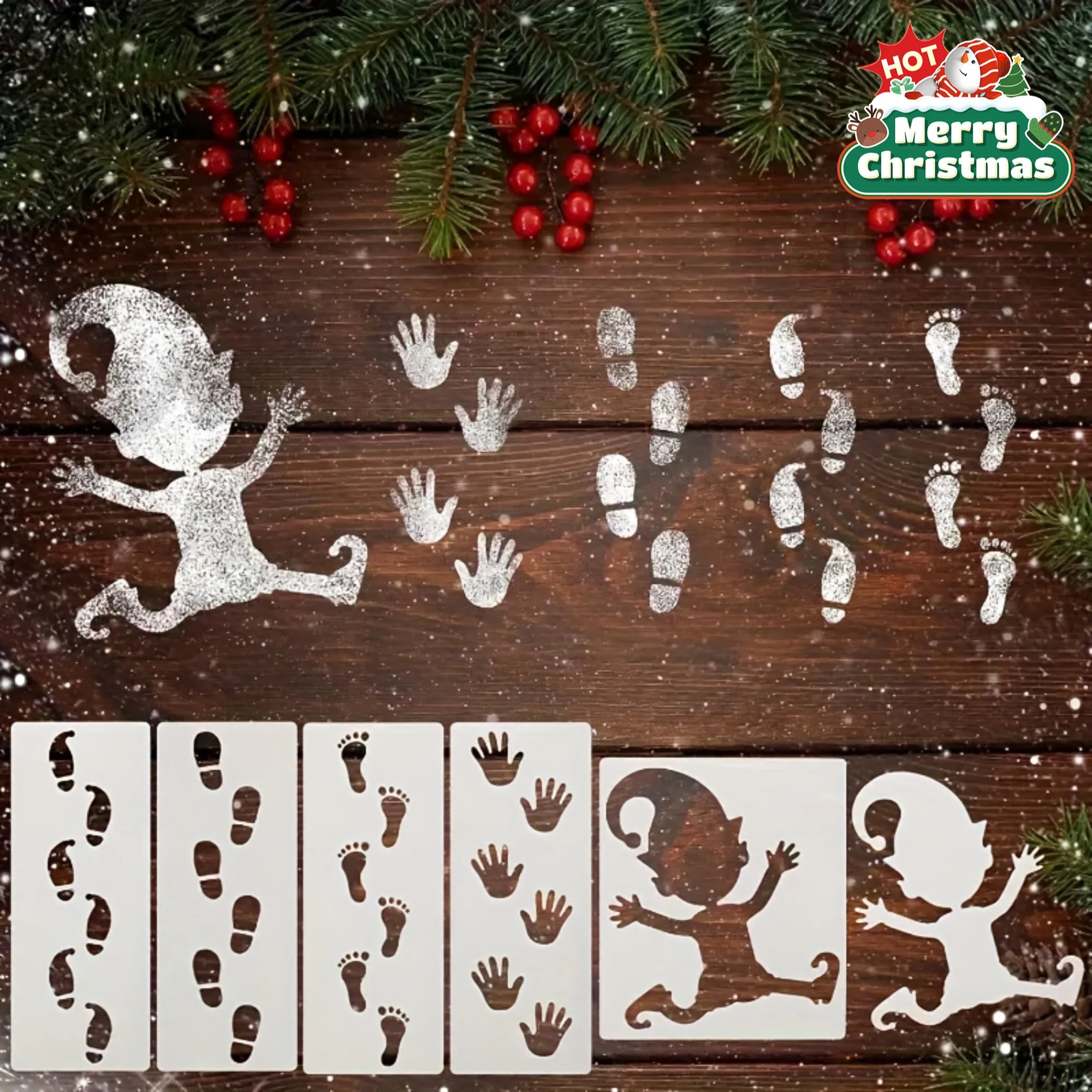 عيد الميلاد وهمية ندفة الثلج خشبية جنوم الجنية قزم البصمة قالب قابلة لإعادة الاستخدام اللوحة قزم الإستنسل سانتا ديكور حفلات العرض