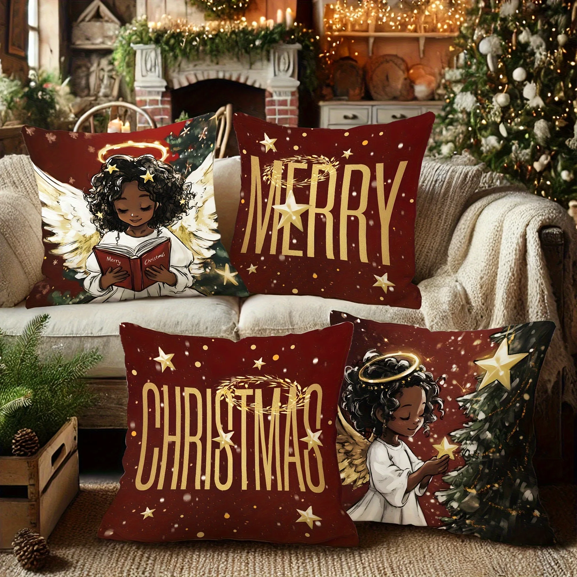 

Набор рождественских подушек из 4 предметов с ангелами, деревьями и словами «Счастье», подходит для диван-кровати и украшения гостиной.