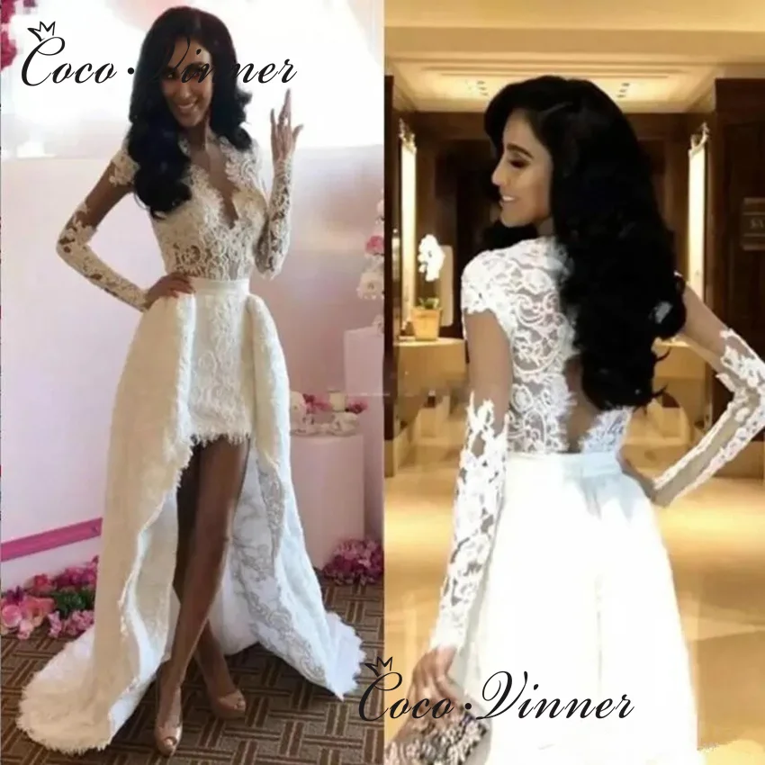 

Винтажное кружевное свадебное платье с длинными рукавами по индивидуальному заказу, низко-высокий дизайн, со съемным шлейфом и открытой спиной, пляжные свадебные платья в стиле бохо W1379