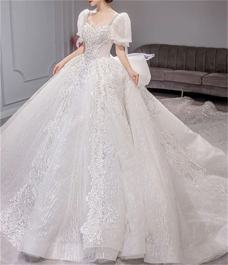 Robe De Mariée princesse à manches bouffantes, luxueuse tenue De bal à paillettes et perles en cristal, avec traîne