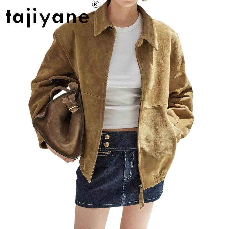 TAJIYANE Autumn Genuine Leather Jacket Women Suede Sheepskin Outerwear Wide Shoulder Leather Coat Old Money Style Jackets Косуха