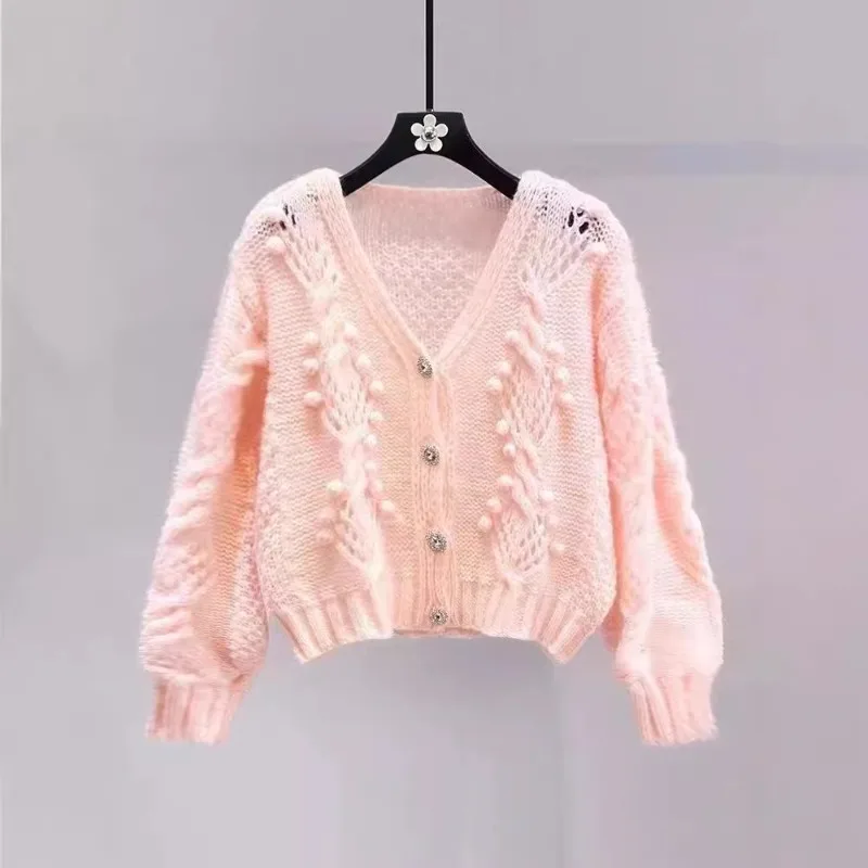 Cardigan lavorato a maglia con applicazioni a maniche lunghe da donna Hollow Pink Sweet Spring Autumn Scollo a V Top da donna Cappotto Maglione femminile francese