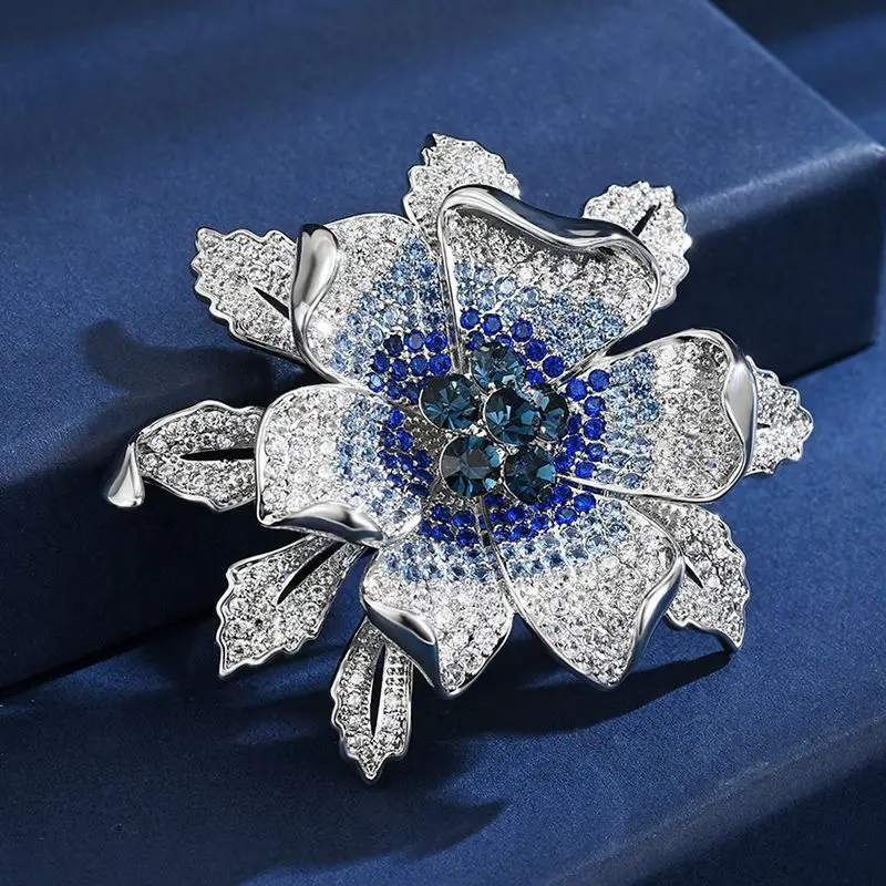 

Luxury Blue Cubic Zirconia Exquisite Peony Brooch Elegant Temperament Suit Jacket Corsage Accessories Pin Woman Wedding Jewelry