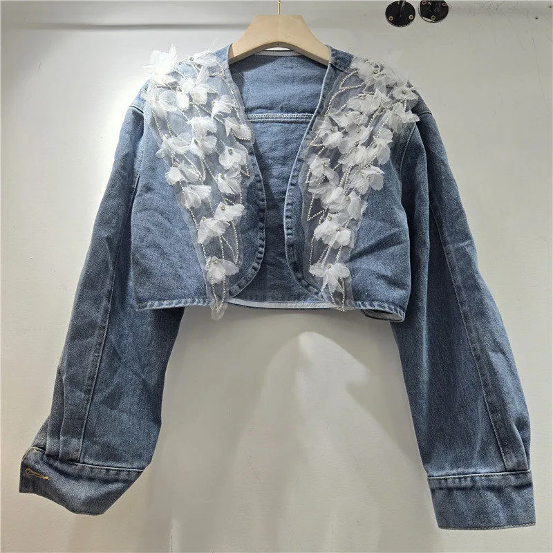 

Spring New Korean Mesh Flower Blue Short Denim Cardigan Jacket V-Neck Long Sleeve Women Cowboy Outerwear Coat Chaqueta Mujer