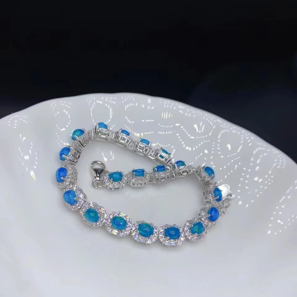 Classic Design Gemstone Bracelet for Woman Daily Wear 3mm*4mm Total 2ct Blue Opal Bracelet 925 Silver Natural Opal Jewelry