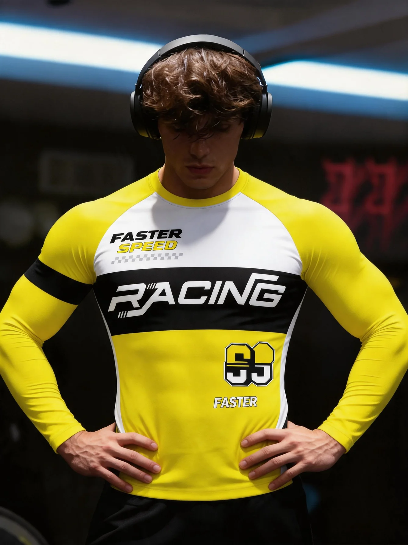 Men's Racing Long Sleeve Gym Tee Yellow Black Letter Color Block Raglan Sleeve Bright Sporty Workout Top