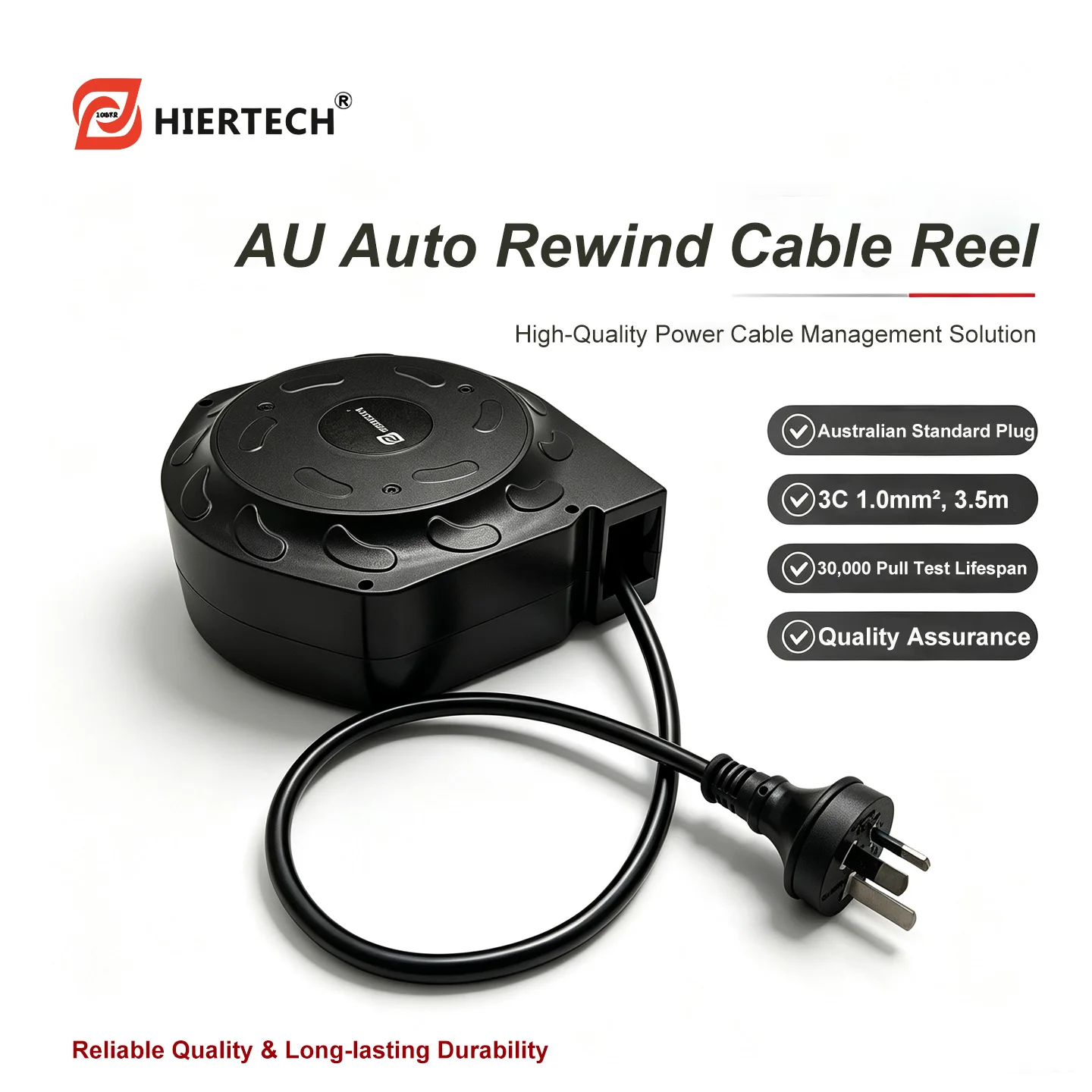 HIERTECH Retractable AU Power Cord Reel 10A 250V, 3×1.0mm² Pure Copper Auto Rewind Cable Reel