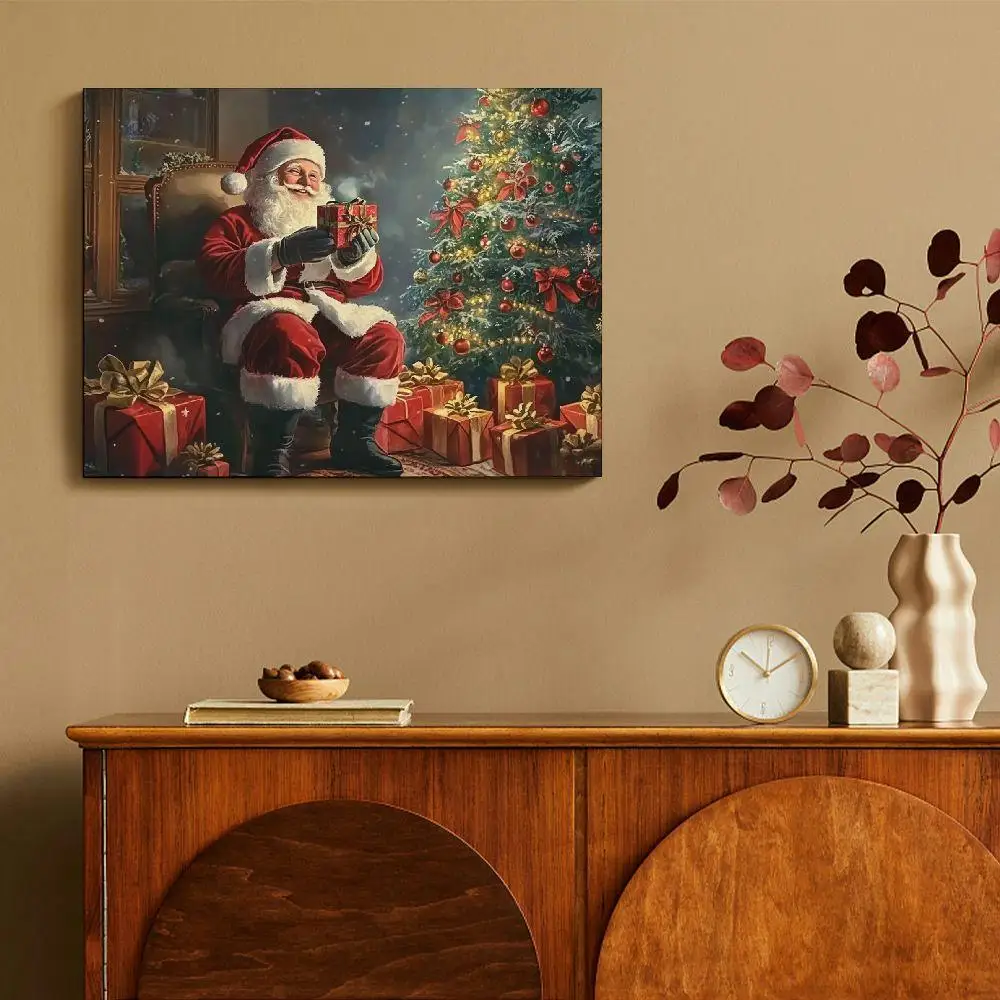 1 Piece Rustic Father Christmas Delivering Gifts Canvas Painting Holiday Vintage Christmas Decoration for Home Pine Wood Frame