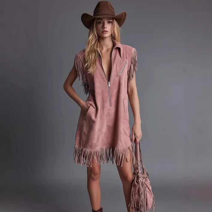 Fashion Tassel Splicing Solid Party Dress Casual Sleeveless Zipper Lapel Collar Women's Dresses Summer Elegant Suede Mini Dress