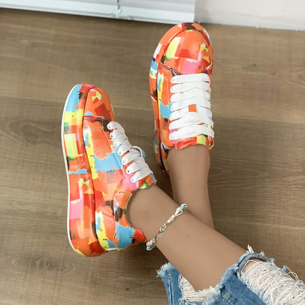 Spring and Autumn Women\'s Fashion 2023 Small White Shoes Women\'s Thick Sole Casual Shoes Colorful Painted Candy Sports Shoes