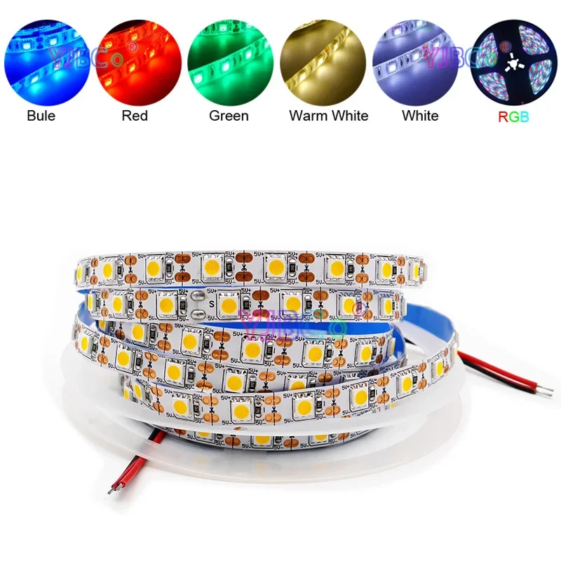 

5V 5M 60 LEDs/m single color LED Strip Light White/Warm White/Red/Green/Blue/RGB SMD 5050 monochrome Lights tape 10mm white PCB