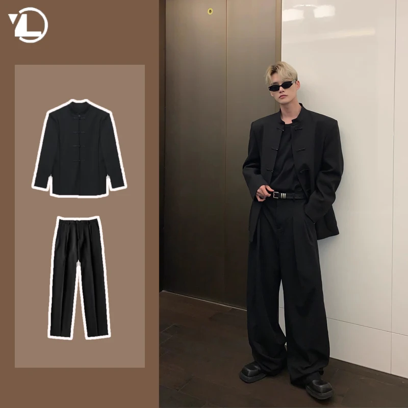 Black Casual Suit Mens Shoulder Pads Stand Collar Jacket+Thin Drooping Trousers 2-piece Spring 2024 Fashion Retro College Set