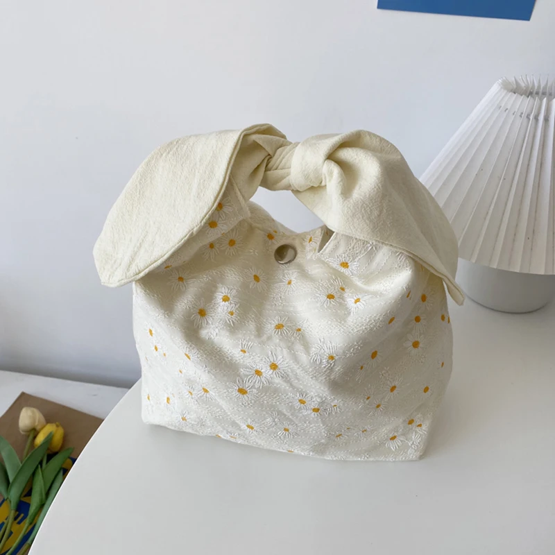 Kawaii Lunch Bag Women Ins Rabbit Ears Fold Bow Handbags Japanese Cute Office Worker Convenient Lunch Box Tote Food Bags