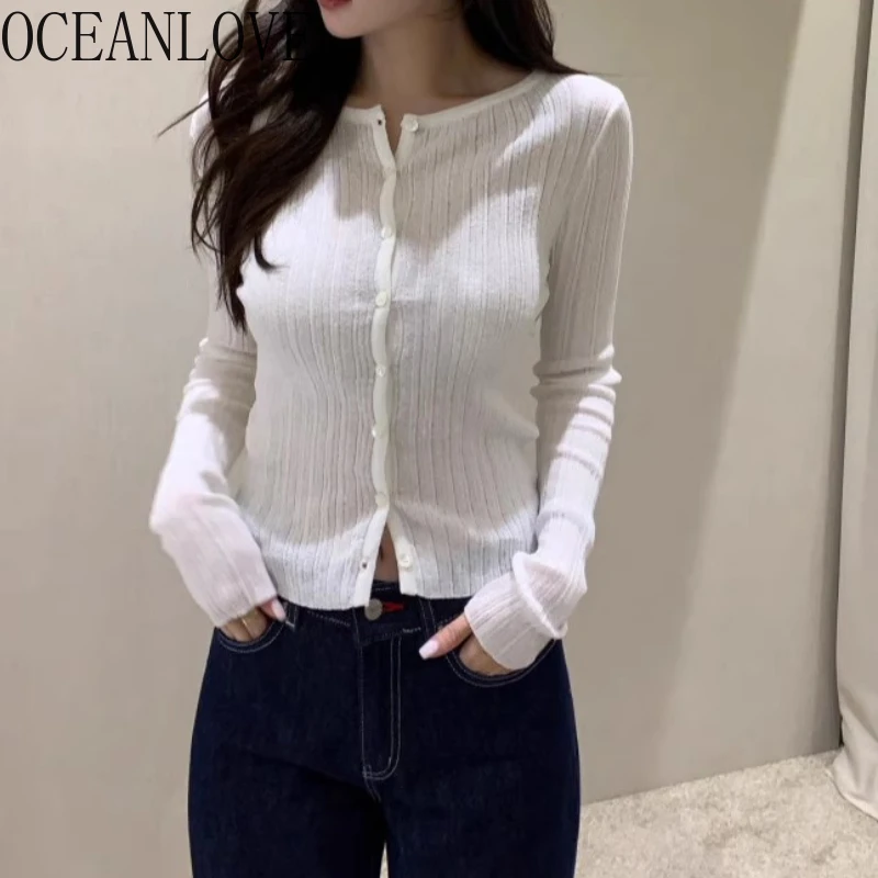 

OCEANLOVE Thin Short Cardigans Spring Autumn Simple Basics Women Sweaters Korean Fashion Elegant Single Breasted Knitwear