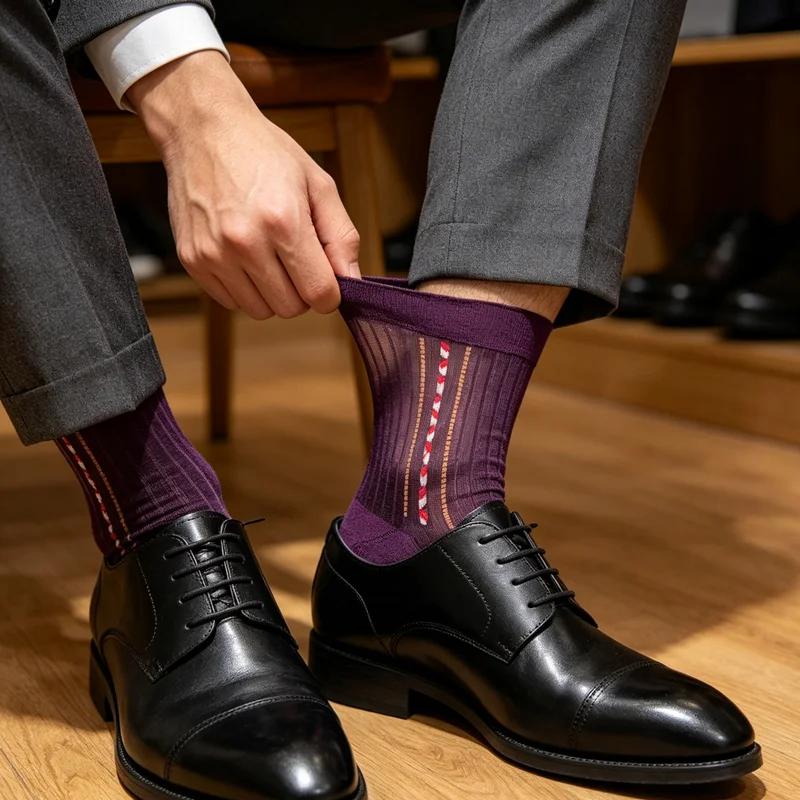 Men's Purple Business Socks Man Classic Silk Quality Nylon Vintage Vertical Striped Jacquard Dress Suit Socks for Formal Office