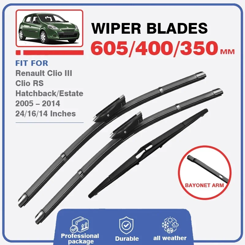 Front Rear Windshield Windscreen Wiper Blades For Renault Clio 3 III MK3 RS Window Hatchback Estate 2005 - 2014 2011 2010 2009