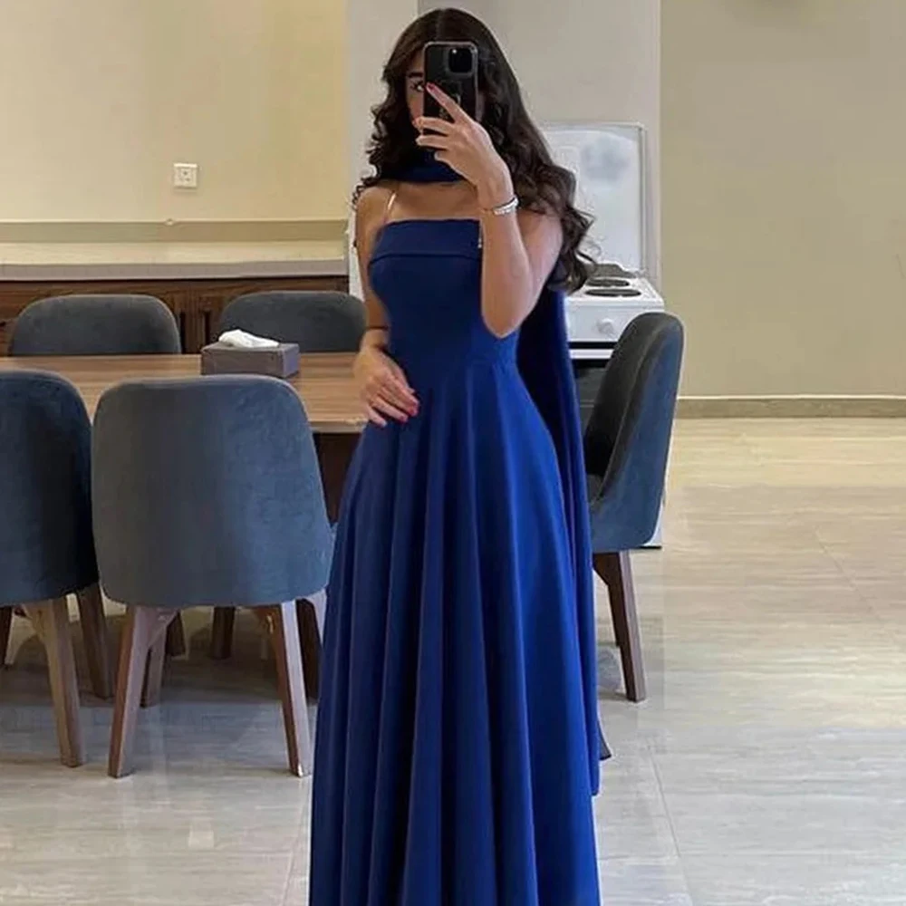 

Yipeisha 2024 New High Quality Blue Jersey Evening Gown Strapless With Sweep Train Draped A-line Ankle Length Formal Party Dress